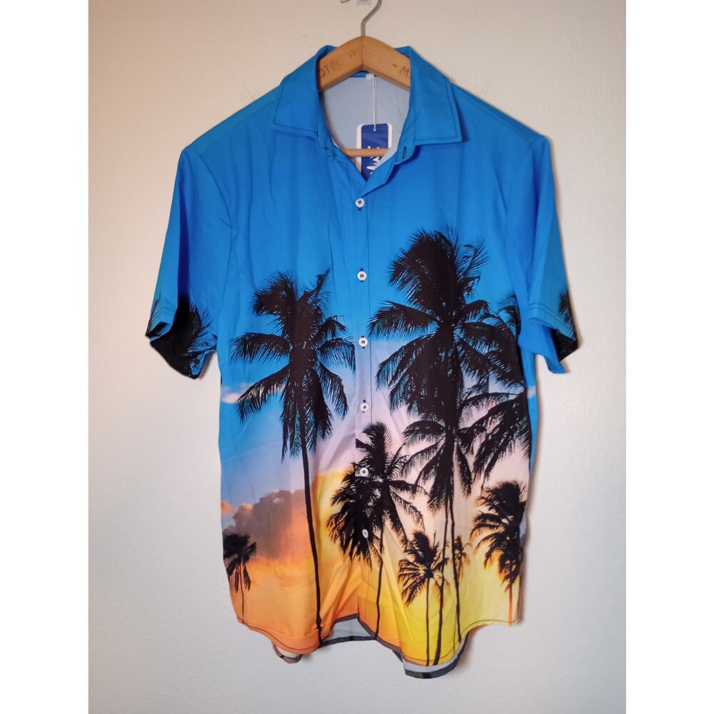 Romwe Men's Short Sleeve Button Down Shirt Palm Trees Blue Size M NWT